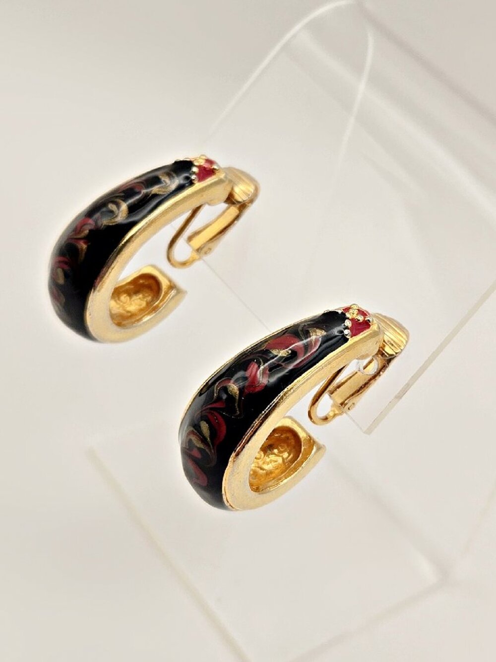 Vintage Black Enamel Gold Hoop Earrings Red Swirl Clip On 1.25”